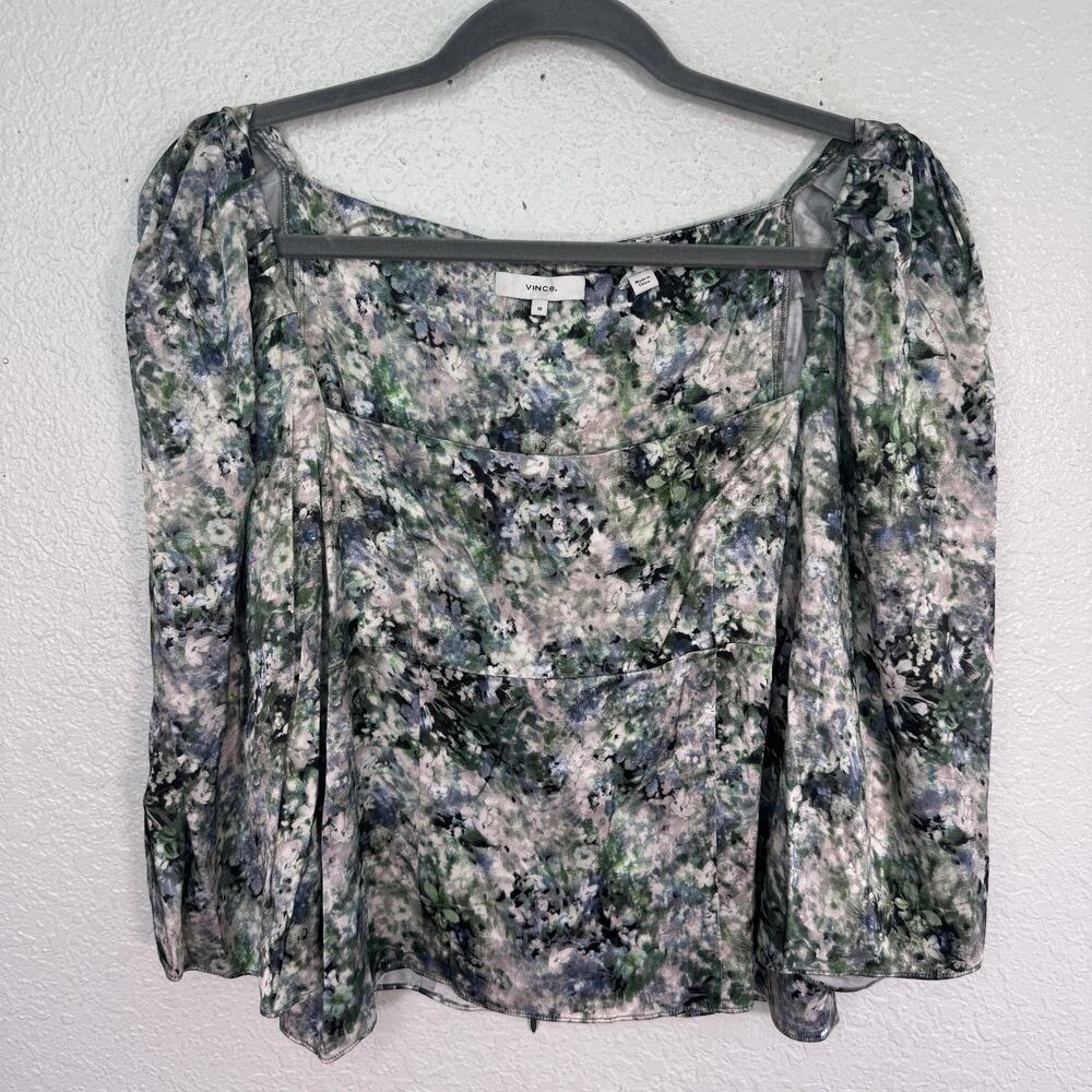 Vince Top Womens 10 Floral Print Square Neck Blouse Satin Viscose Painterly Art